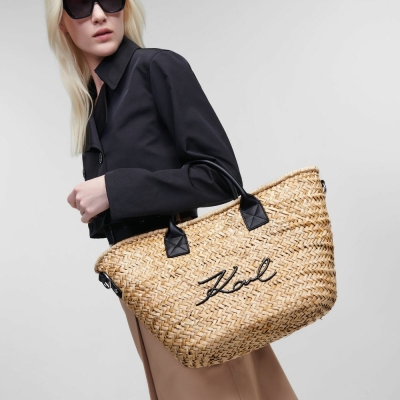 Beige / Black Women's Karl Lagerfeld K/Signature Basket Tote Bags | AE371FVRZ