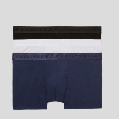 Black / White / Navy Men's Karl Lagerfeld Premium Karl Logo Trunks – 3 Pack Underwear | AE956MQWZ