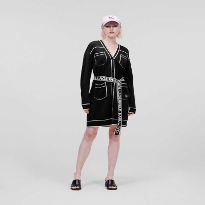 Black / White Women's Karl Lagerfeld Karl Logo Belted Knitwear | AE136DKIV