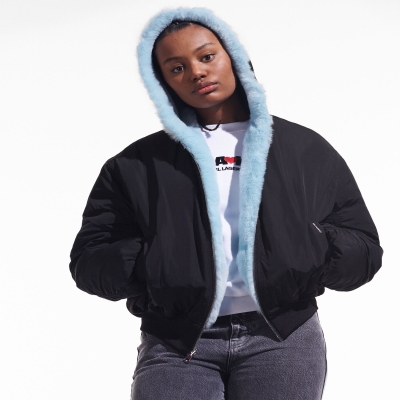 Black Women's Karl Lagerfeld Cara Loves Karl Reversible Faux-fur Bomber Jackets | AE097FKNP