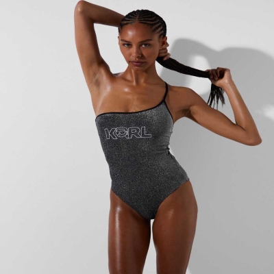 Black Women's Karl Lagerfeld Ikonik 2.0 Lurex Swimsuits Beachwear | AE759VGHR