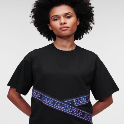 Black Women's Karl Lagerfeld Karl Logo Tape T-Shirts | AE482FVAI