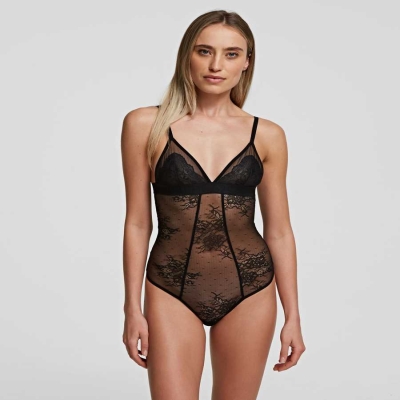 Black Women's Karl Lagerfeld Lace Bodysuit Underwear | AE485UIGK