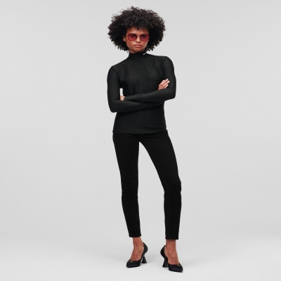 Black Women's Karl Lagerfeld Long-sleeved Textured Mock Neck Sweater T-Shirts | AE269BEDK