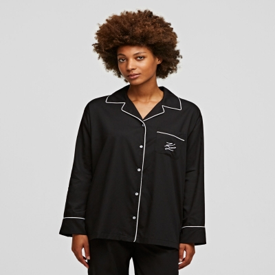 Black Women's Karl Lagerfeld Long-sleeved Piping-trimmed Pajama Shirt Sleepwear | AE927NDQY