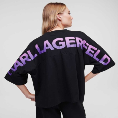 Black Women's Karl Lagerfeld Ombré Karl Logo Cropped T-Shirts | AE762XBJD