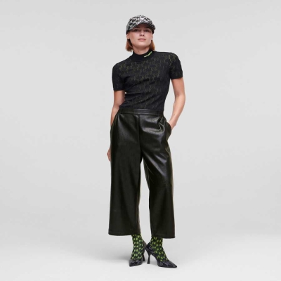 Black Women's Karl Lagerfeld Perforated Kl Monogram Faux-leather Culottes Pants | AE187XEFL