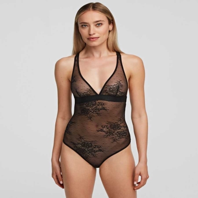 Black Women's Karl Lagerfeld Racerback Lace Bodysuit Underwear | AE691MCOP