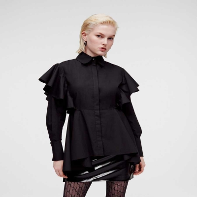 Black Women's Karl Lagerfeld Ruffle Detail Poplin Blouses | AE657GUPT