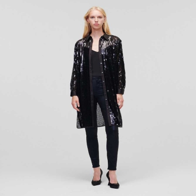 Black Women's Karl Lagerfeld Sequinned Longline Blouses | AE293NBAO