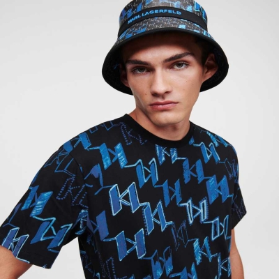 Blue Men's Karl Lagerfeld All-over Graffiti Karl Monogram T-Shirts | AE084PNML