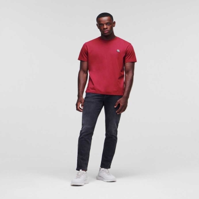 Burgundy Men's Karl Lagerfeld Ikonik Karl Rubber Patch T-Shirts | AE809FKSU