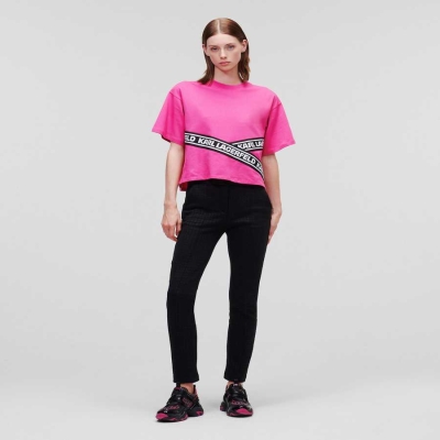 Fuchsia Women's Karl Lagerfeld Karl Logo Tape T-Shirts | AE367VMJC