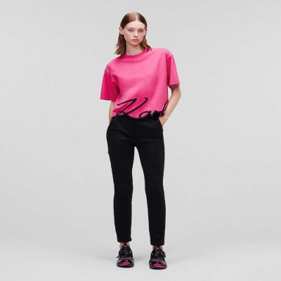 Fuchsia Women's Karl Lagerfeld Karl Signature Hem T-Shirts | AE409AZQP