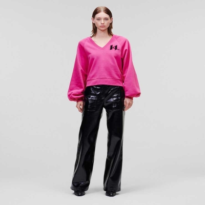 Fuchsia Women's Karl Lagerfeld Puff-sleeve V-neck Sweatshirts | AE845IHVB