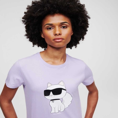 Lavender Women's Karl Lagerfeld Ikonik 2.0 Choupette T-Shirts | AE795EDMB