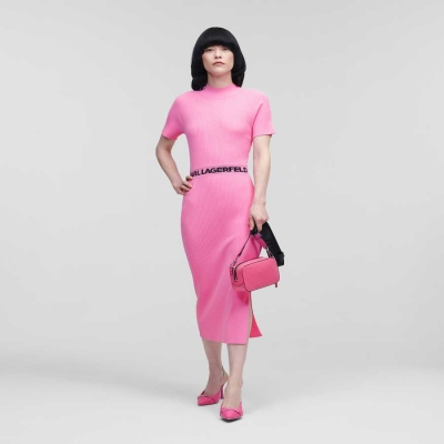 Pink Women's Karl Lagerfeld Short-sleeved Karl Logo Knit Dresses | AE987ZVYF