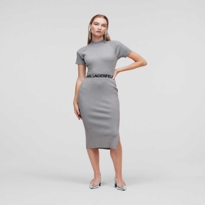 Silver Women's Karl Lagerfeld Lurex Short-sleeved Karl Logo Knit Dresses | AE732UQJC