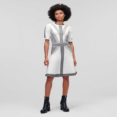 White / Black Women's Karl Lagerfeld Geometric Knit Dresses | AE248CWOF