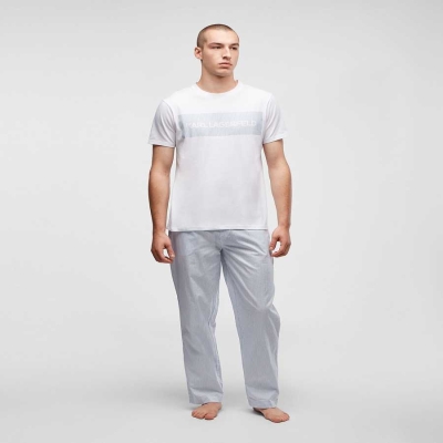 White / Blue Stripes Men's Karl Lagerfeld Karl Logo Pyjama Set Sleepwear | AE415QRTA