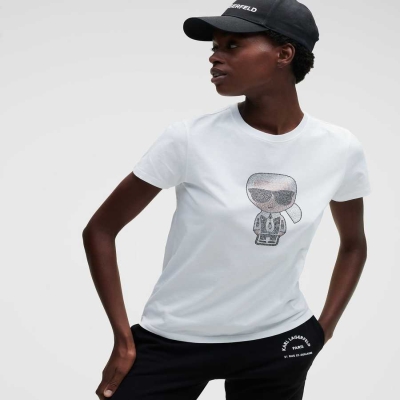 White Women's Karl Lagerfeld K/Ikonik Rhinestone T-Shirts | AE870AIEQ