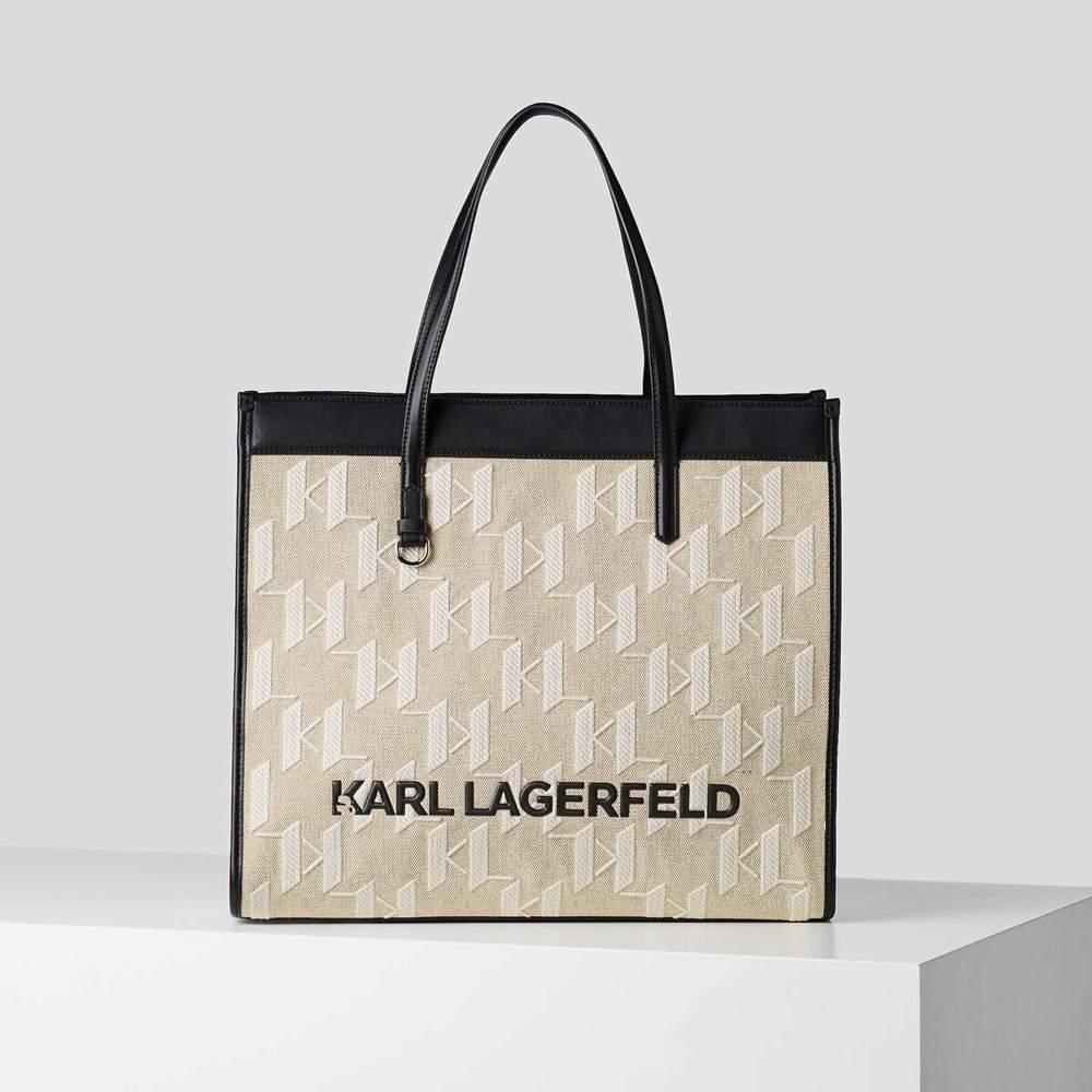 Beige / White / Black Women\'s Karl Lagerfeld K/Skuare Monogram Tote Bags | AE813IKCB