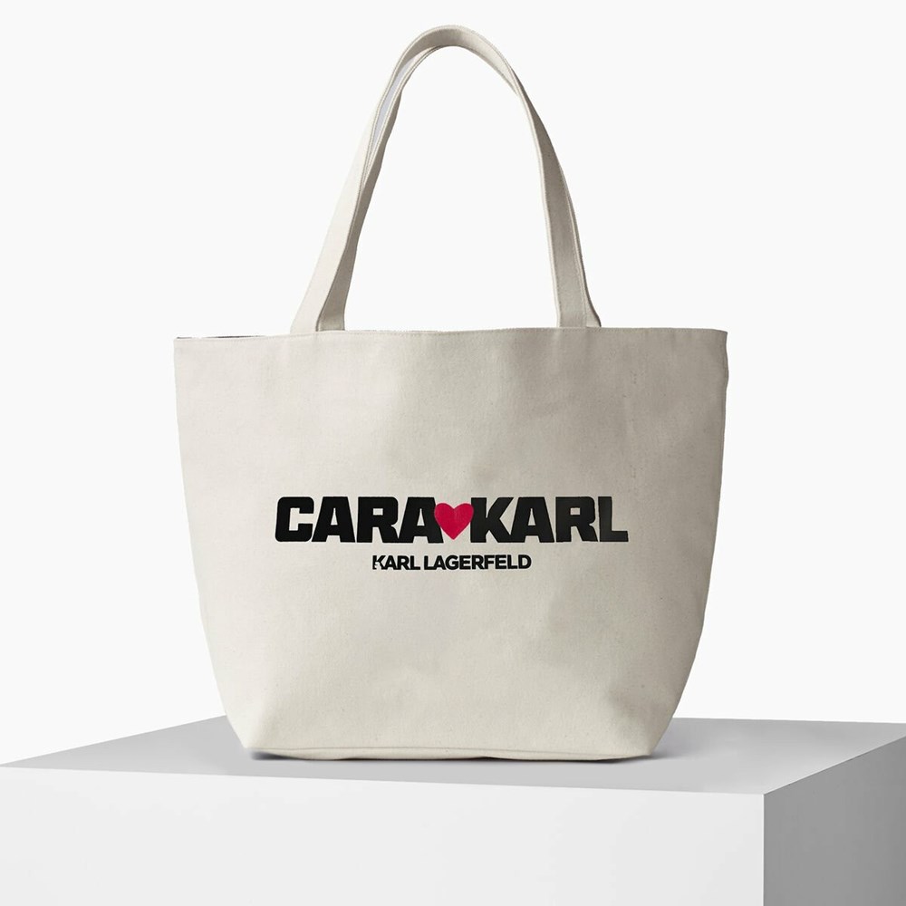 Beige Women's Karl Lagerfeld Cara Loves Karl Canvas Shopper Tote Bags | AE985VSGY