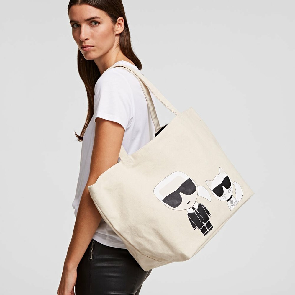 Beige Women's Karl Lagerfeld Ikonik Karl & Choupette Tote Bags | AE035LGIM