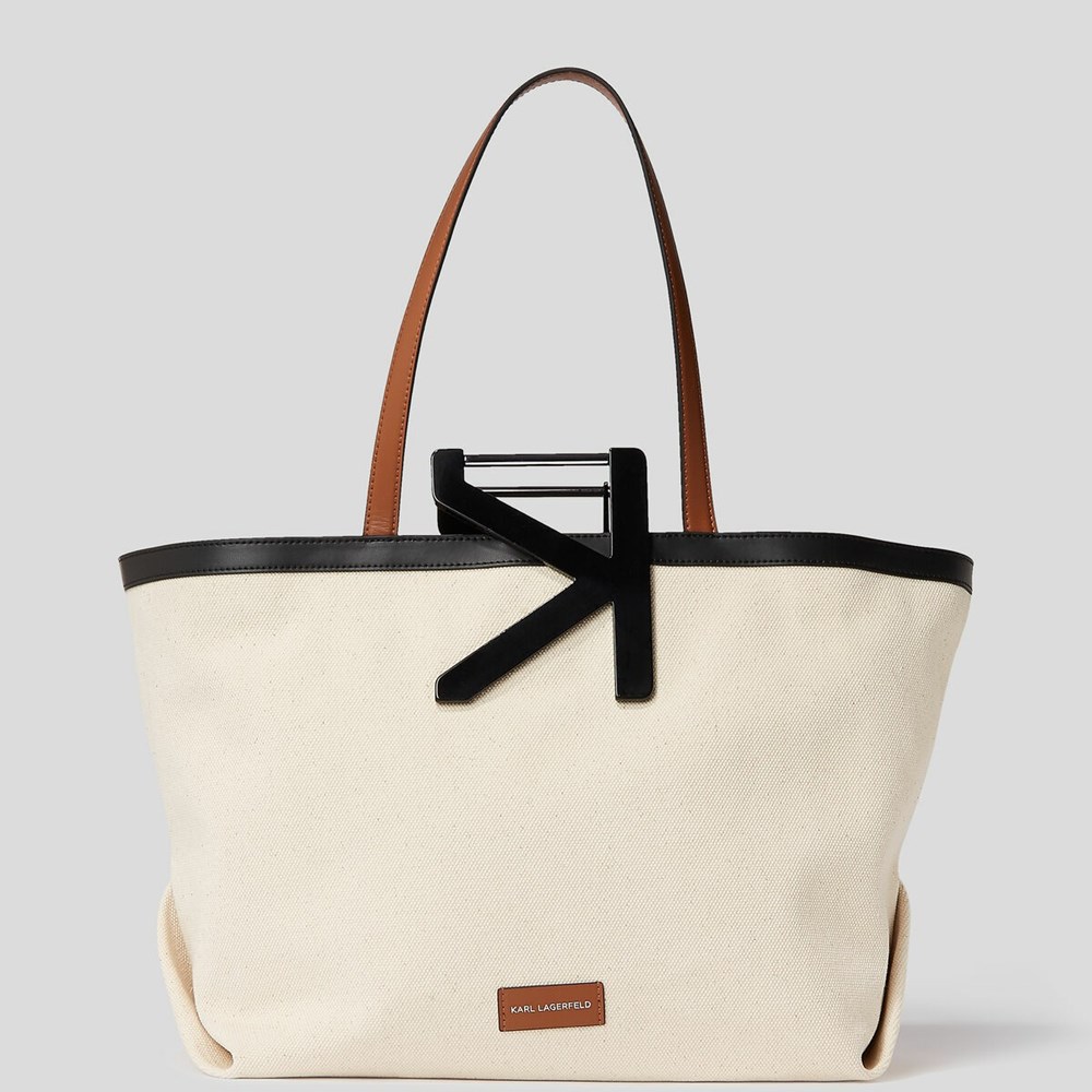 Beige Women's Karl Lagerfeld K/Karl Handle Large Canvas Tote Bags | AE847OIEX