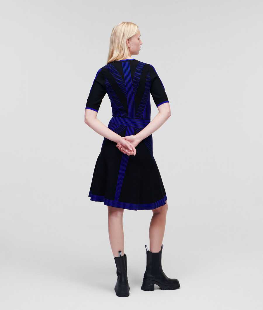 Black / Blue Women's Karl Lagerfeld Geometric Knit Dresses | AE617YOPH