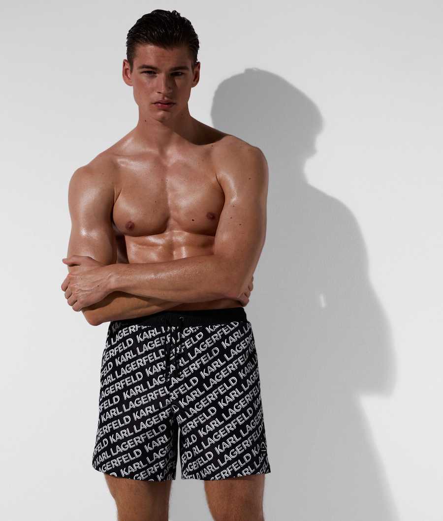 Black Men's Karl Lagerfeld Diagonal Karl Logo Board Shorts Beachwear | AE502KBRP