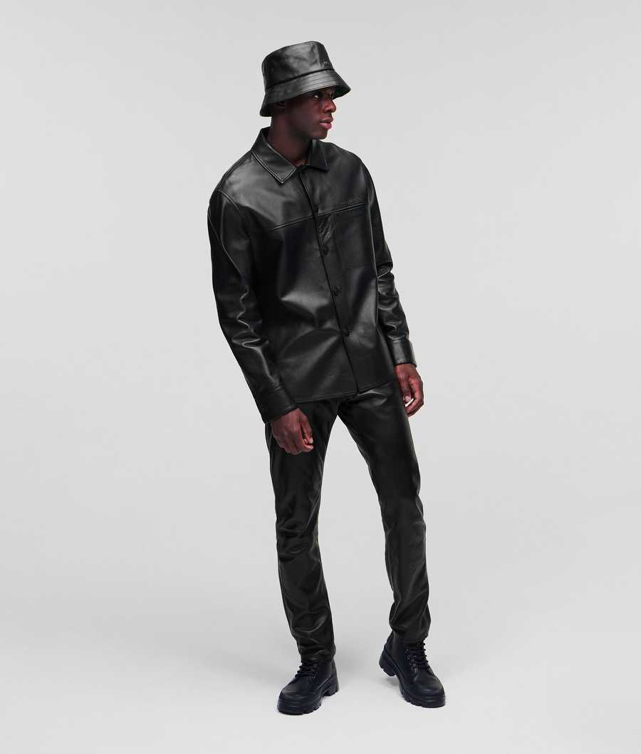 Black Men's Karl Lagerfeld Premium Leather Shirts | AE671FWJU