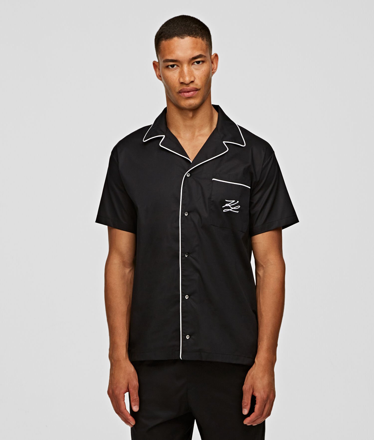 Black Men's Karl Lagerfeld Short-sleeve Piped Pajama Shirt Sleepwear | AE805OEHW