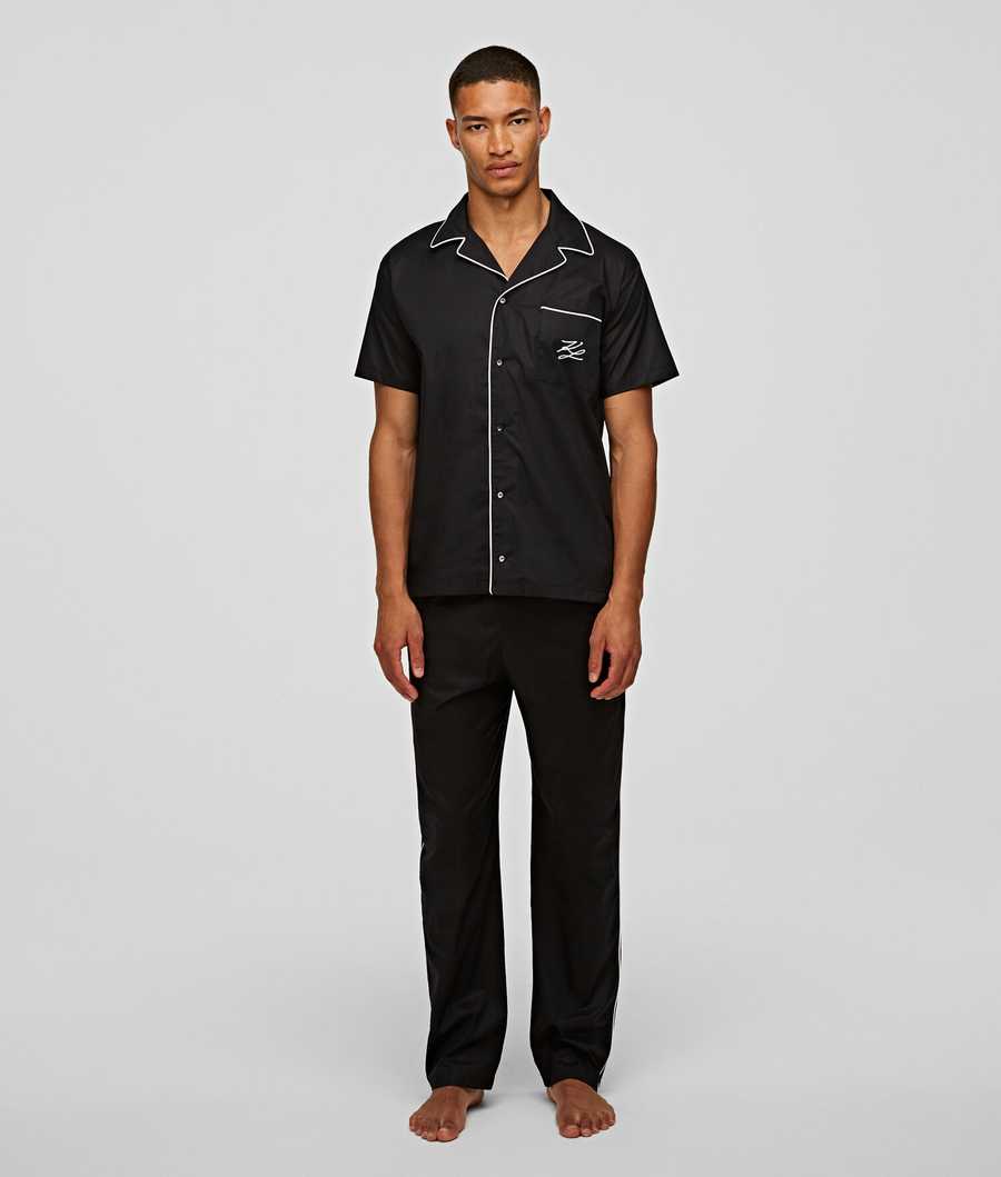 Black Men's Karl Lagerfeld Short-sleeve Piped Pajama Shirt Sleepwear | AE805OEHW