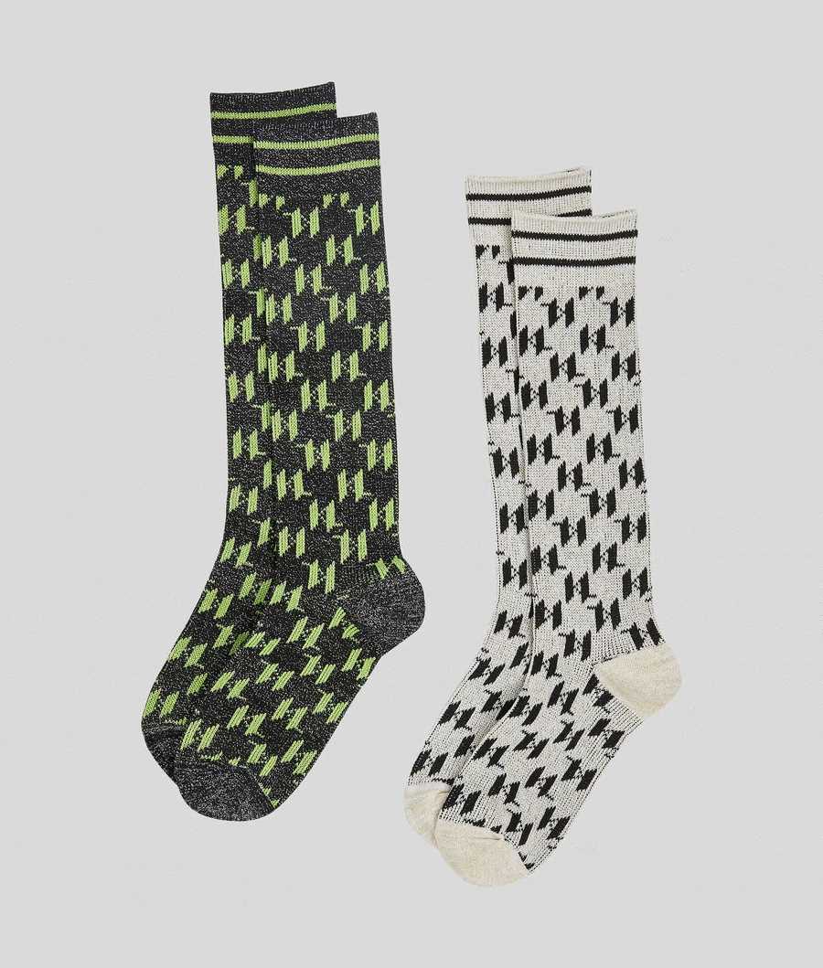 Black / White Women's Karl Lagerfeld Kl Monogram Perforated Socks - 2 Pack Underwear | AE286YXBU