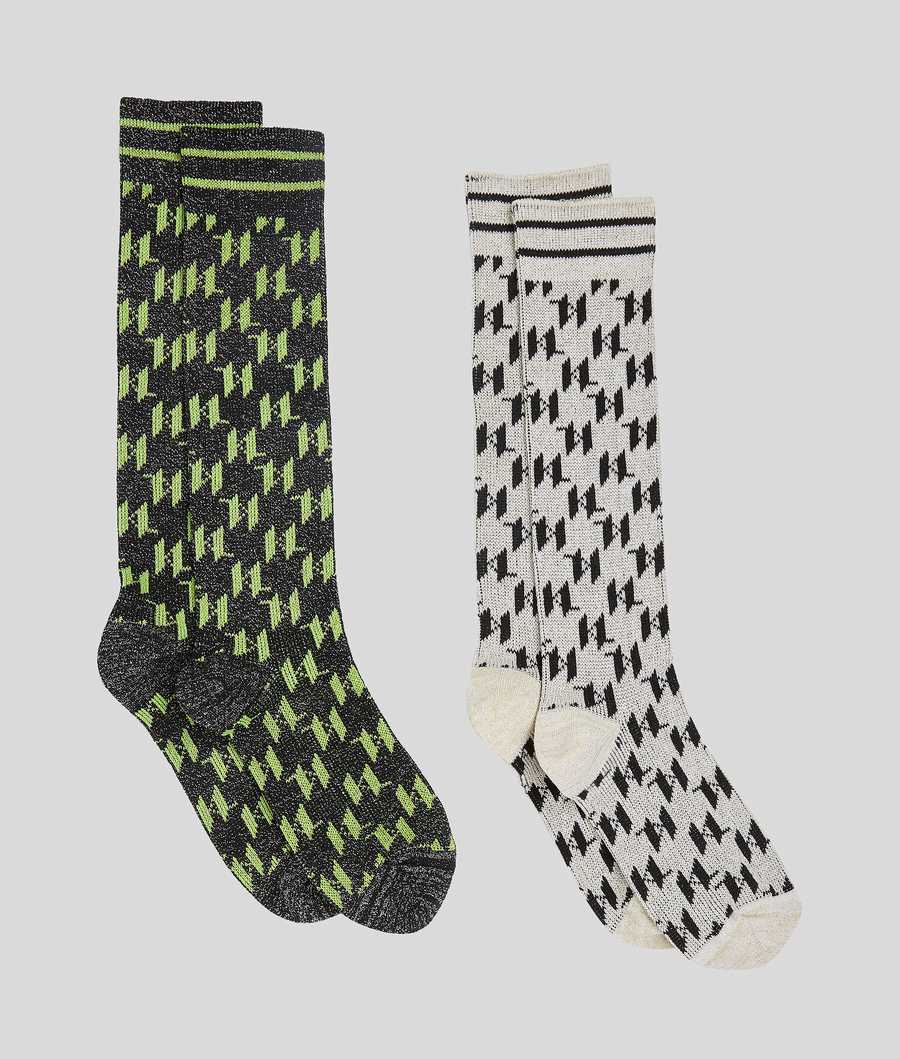 Black / White Women's Karl Lagerfeld Kl Monogram Perforated Socks - 2 Pack Underwear | AE286YXBU