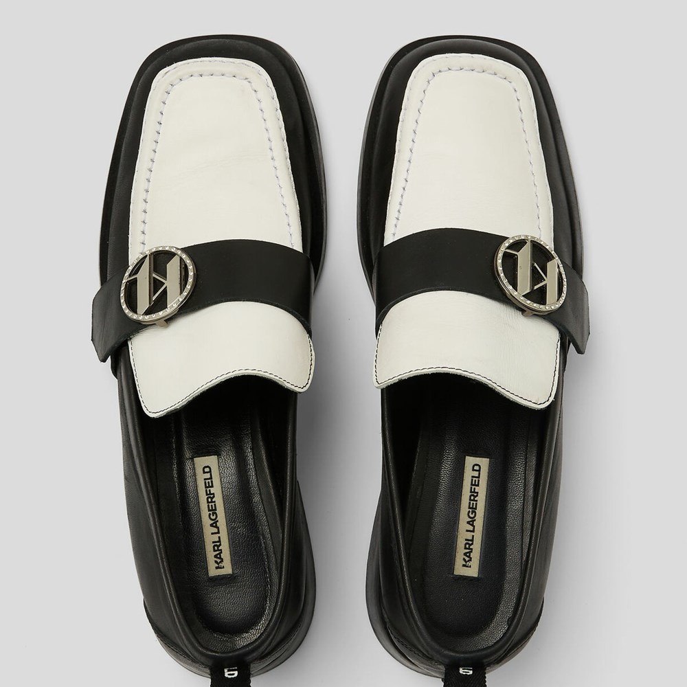 Black / White Women's Karl Lagerfeld Mokassino Ii Brooch Loafer Sandals & Flats | AE813HGDL