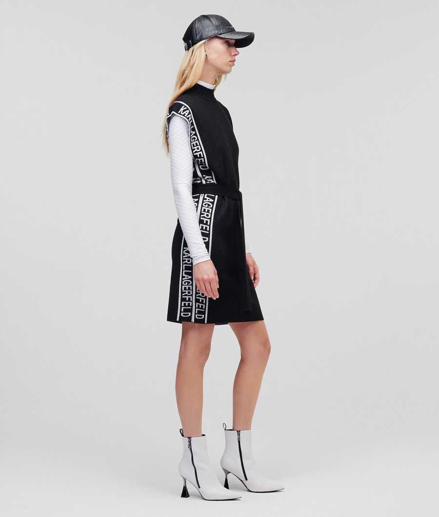 Black / White Women's Karl Lagerfeld Sleeveless Logo Tape Knit Dresses | AE073ZMTF