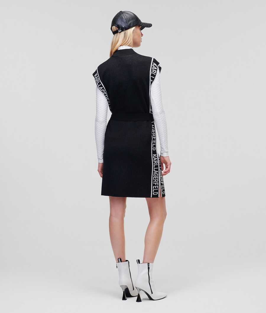 Black / White Women's Karl Lagerfeld Sleeveless Logo Tape Knit Dresses | AE073ZMTF