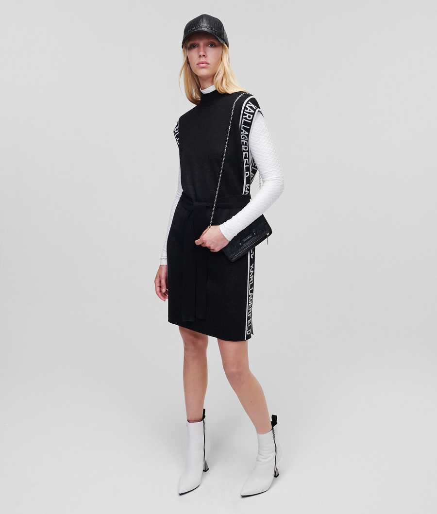 Black / White Women's Karl Lagerfeld Sleeveless Logo Tape Knit Dresses | AE073ZMTF