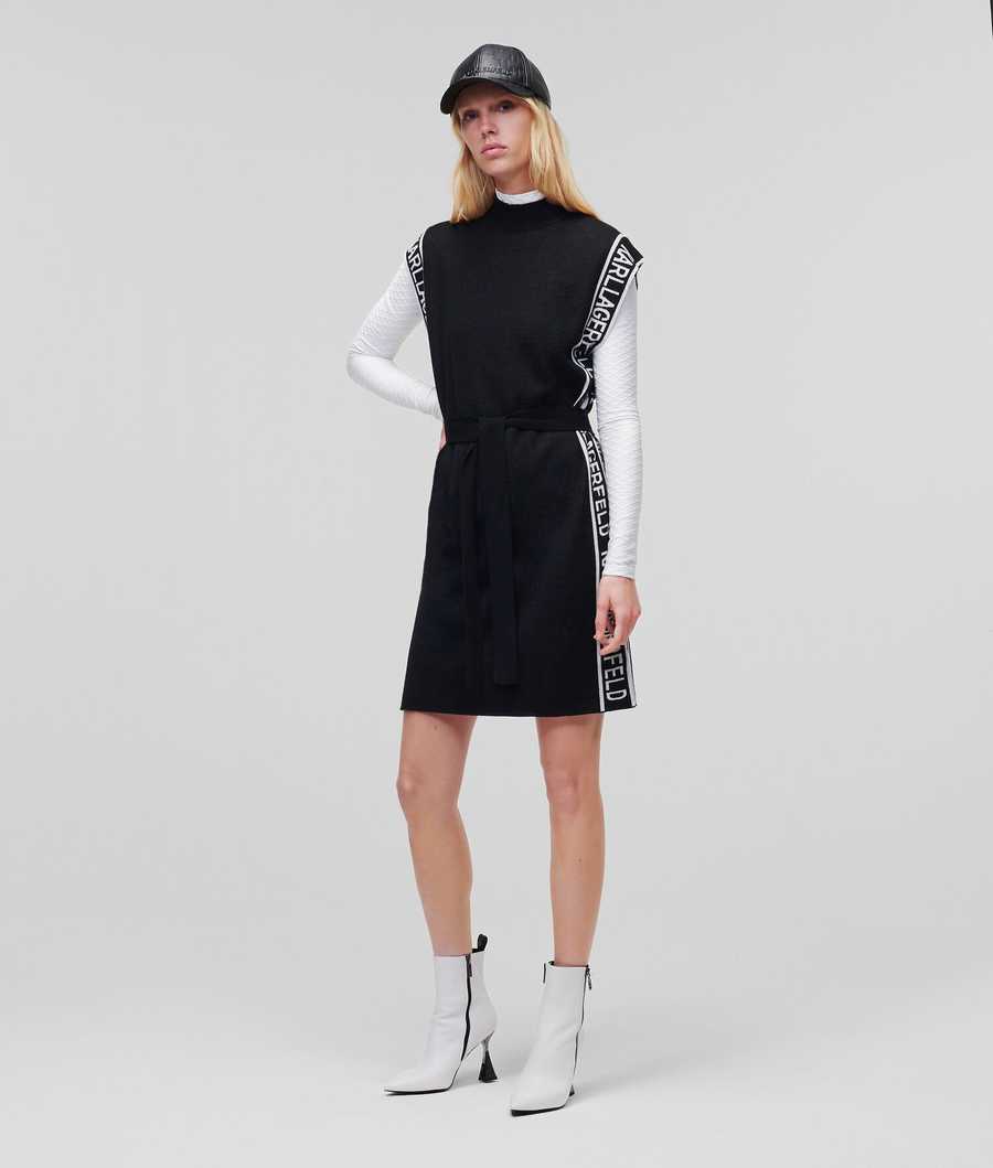 Black / White Women\'s Karl Lagerfeld Sleeveless Logo Tape Knit Dresses | AE073ZMTF