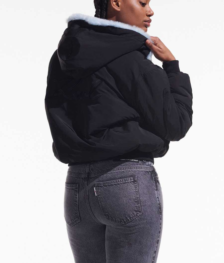 Black Women's Karl Lagerfeld Cara Loves Karl Reversible Faux-fur Bomber Jackets | AE097FKNP