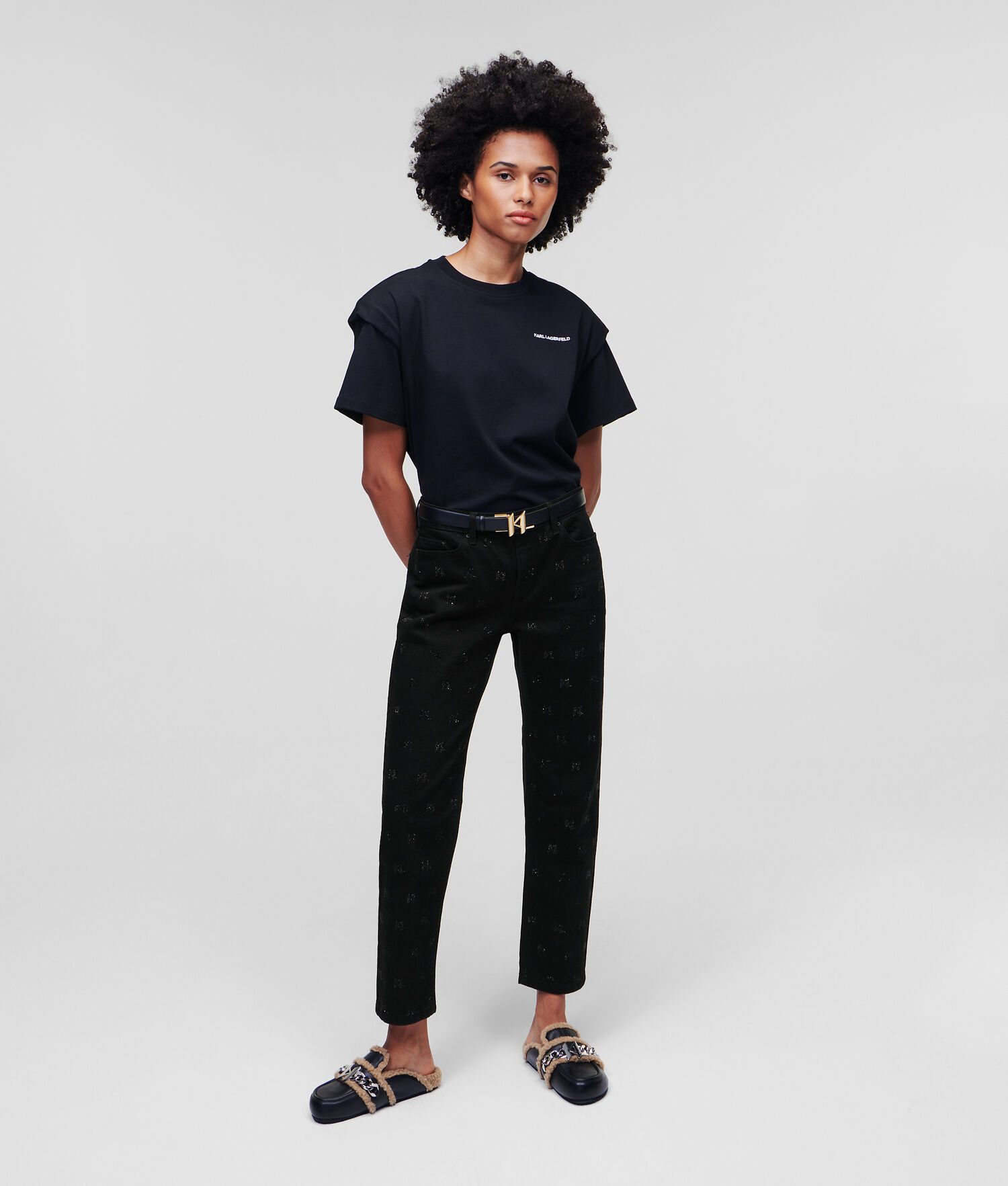 Black Women's Karl Lagerfeld Embellished Kl Monogram Straight-leg Jeans | AE967EJVH