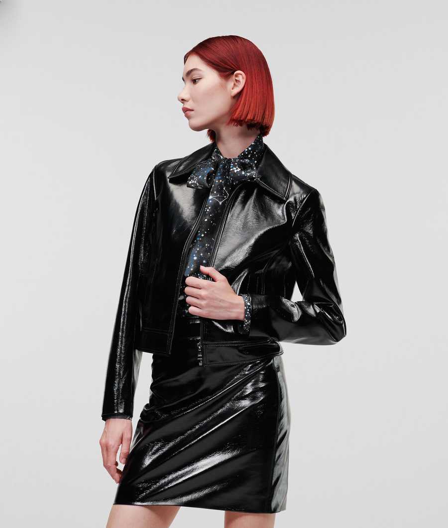 Black Women's Karl Lagerfeld Faux Patent Leather Bomber Jackets | AE597QCUX