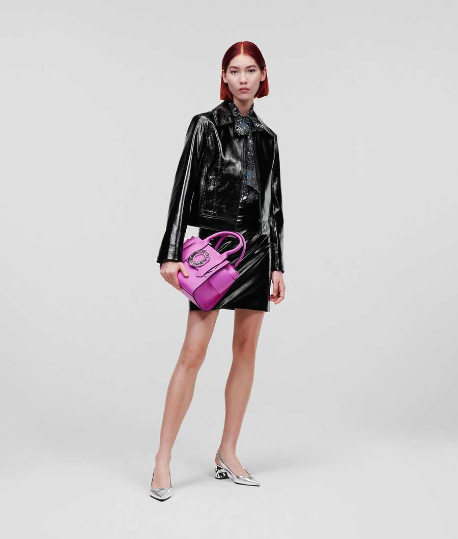 Black Women's Karl Lagerfeld Faux Patent Leather Bomber Jackets | AE597QCUX