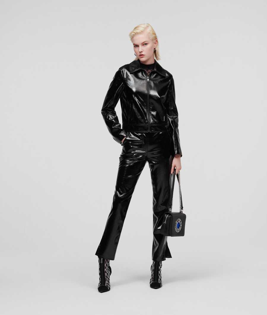 Black Women's Karl Lagerfeld Faux Patent Leather Pants | AE609DSIT