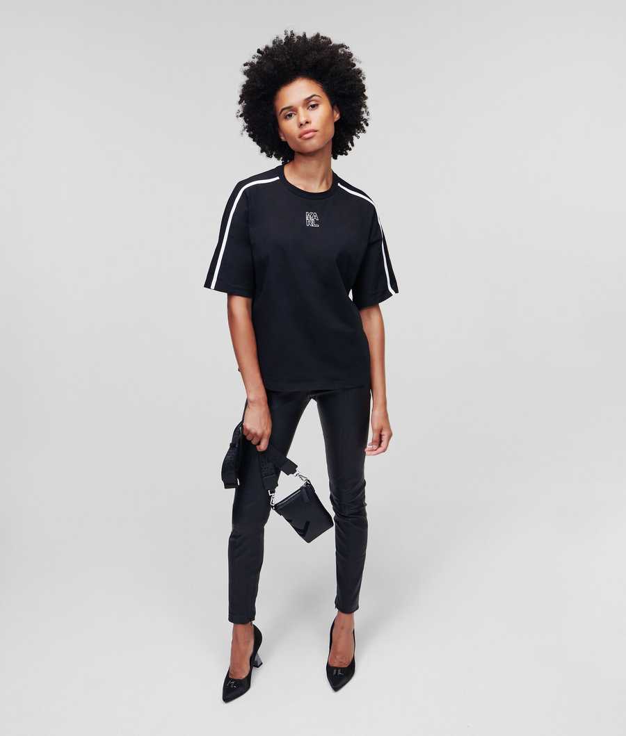 Black Women's Karl Lagerfeld Fitted With Piping T-Shirts | AE574KMLT