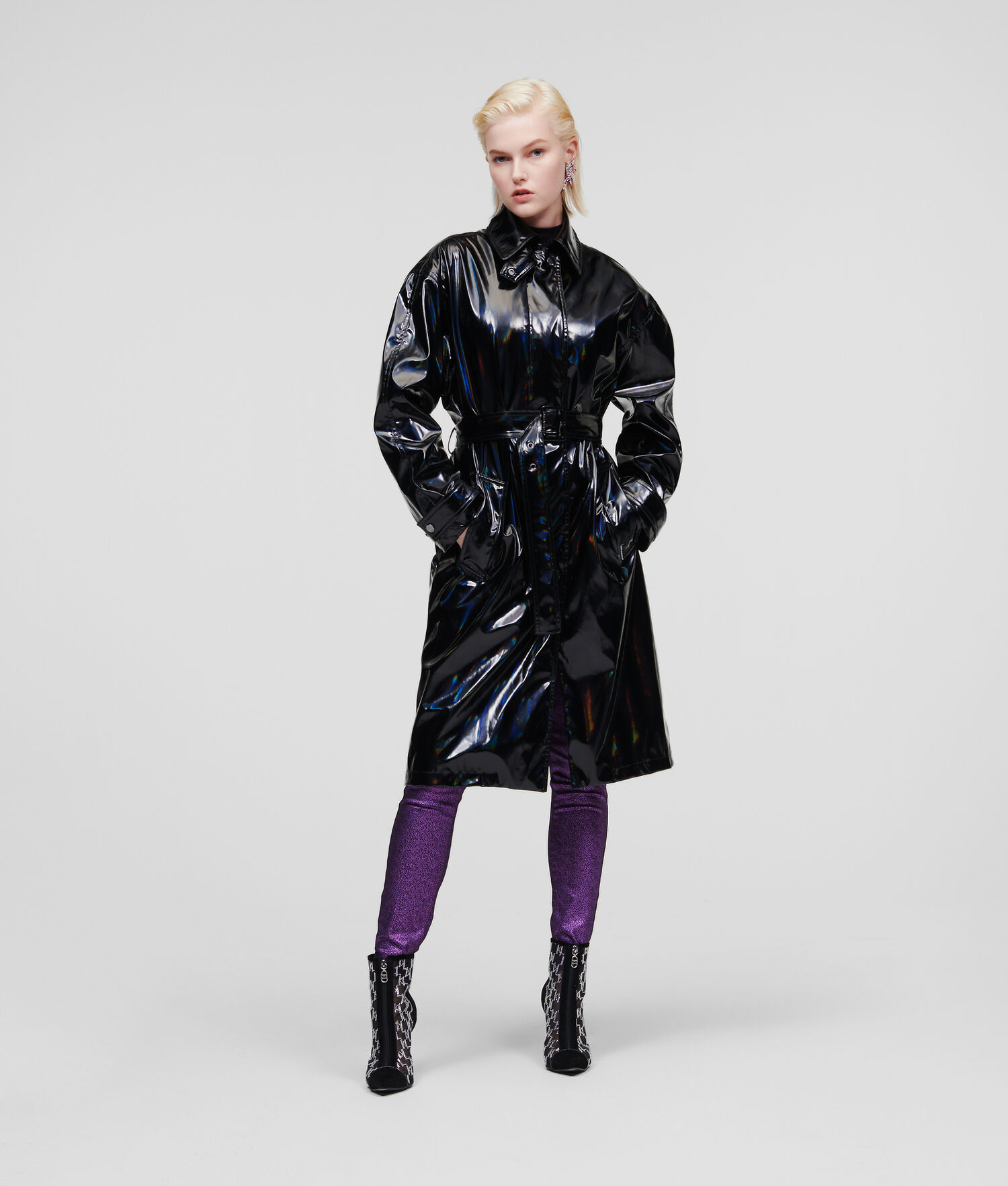 Black Women's Karl Lagerfeld Iridescent Patent Trench Coat | AE859ZXIU