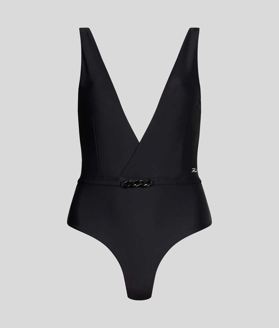 Black Women's Karl Lagerfeld Karl Dna V-neck Swimsuits Beachwear | AE864FOJP