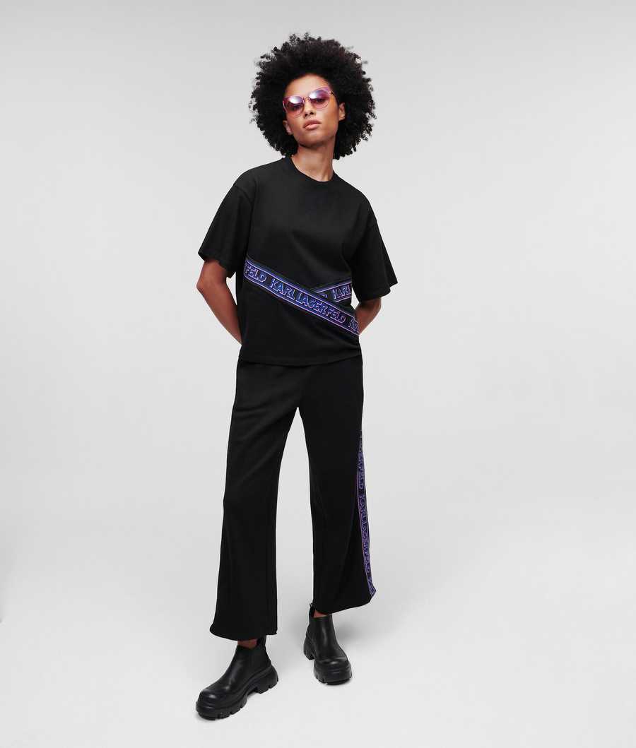 Black Women's Karl Lagerfeld Karl Logo Tape T-Shirts | AE482FVAI